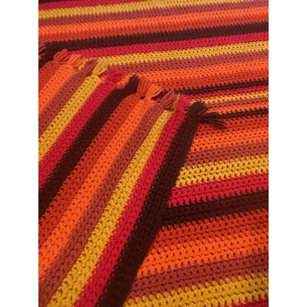 Handmade crochet 70s Afghan Blanket Orange Brown Yellow 47